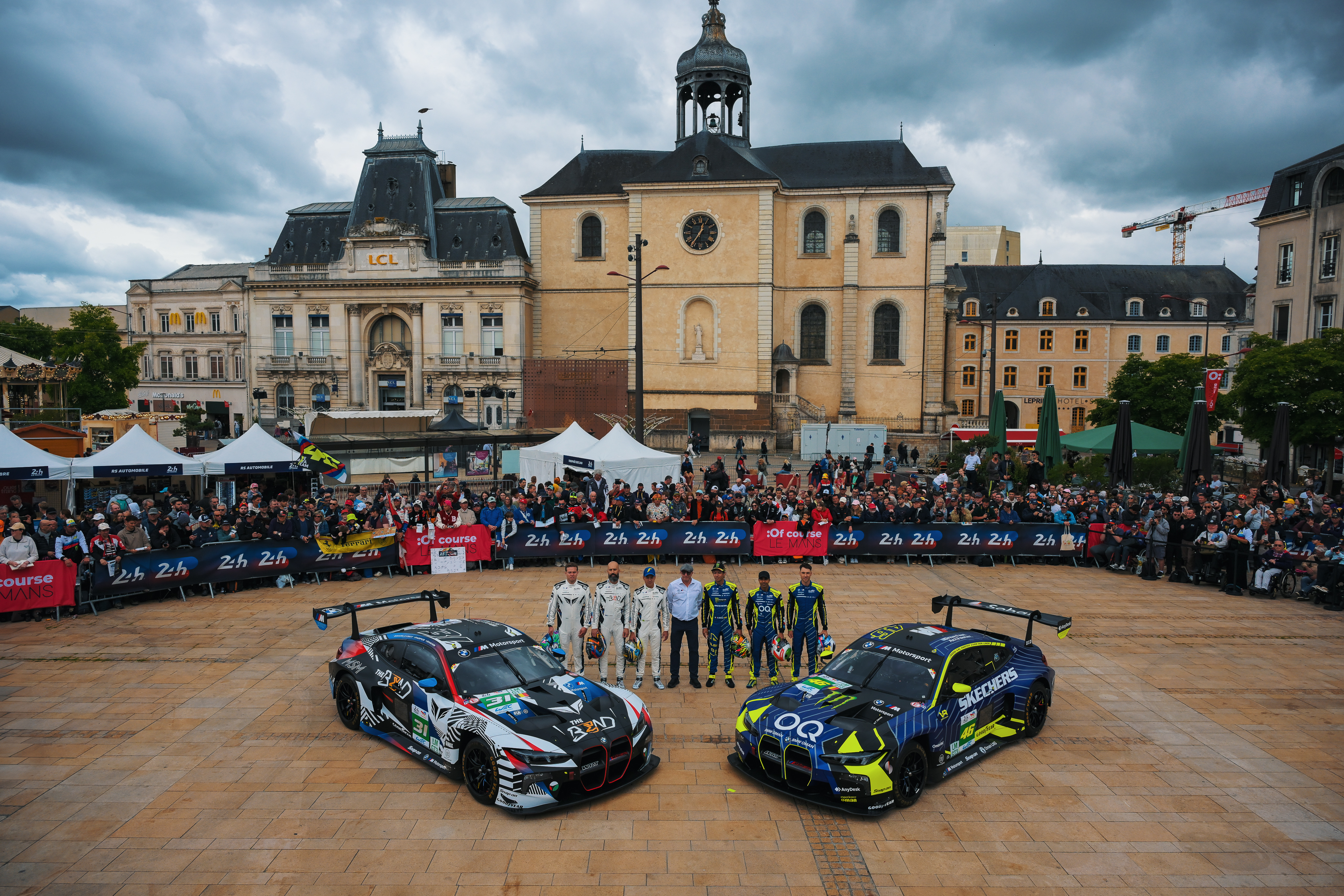 Le Mans (FRA), 6-7 June 2025. 24 Hours of Le Mans, FIA World Endurance Championship, FIA WEC, scrutineering, city centre, Team WRT, #46 BMW M4 GT3 EVO, LMGT3, The Bend Team WRT, #31 BMW M4 GT3 EVO, Ahmad Al Harthy, Valentino Rossi, Kelvin van der Linde, Augusto Farfus, Yasser Shahin, Timur Boguslavskiy, Vincent Vosse.